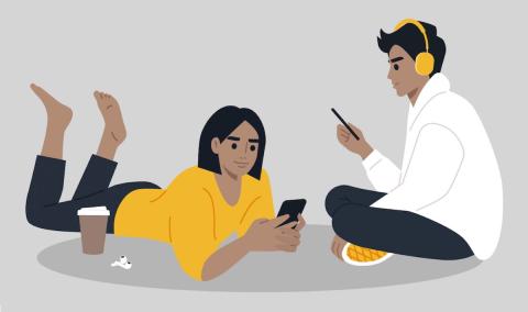 A graphic of two people staring at cellphones.